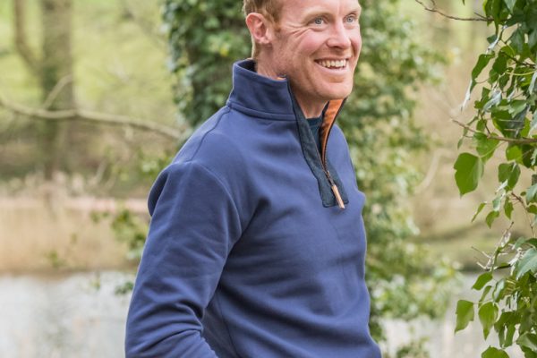 Touch of Tweed - Navy Blue Organic Cotton Quarter Zip Sweatshirt - Orange Tweed - Somerset